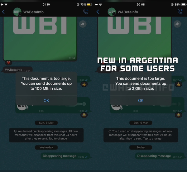 WhatsApp тестирует увеличенный до 2 ГБ лимит для передаваемых файлов