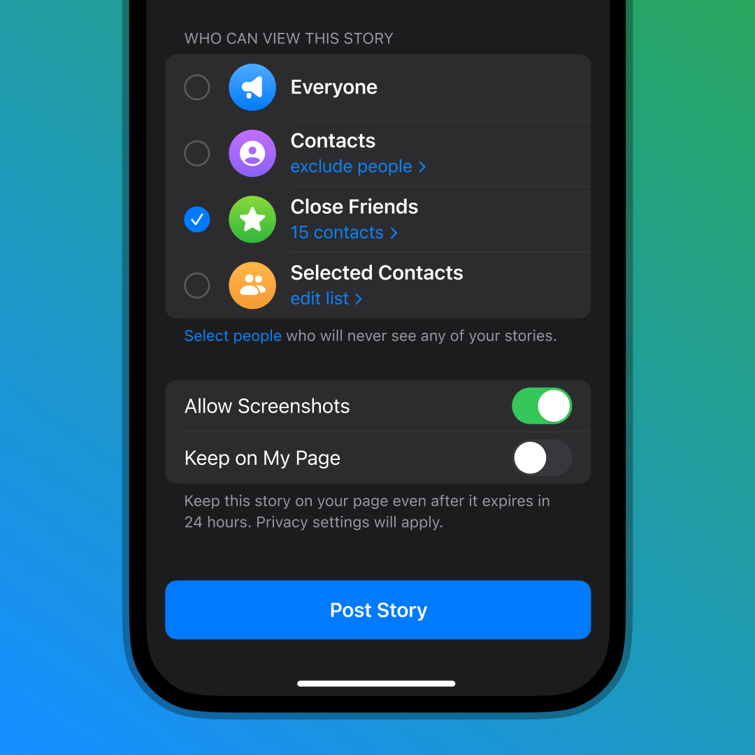 Настройки конфиденциальности историй Telegram 