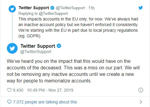 Twitter решил пока не удалять неактивные аккаунты Twitter не будет удалять неактивные аккаунты, пока не придумает, что делать с учетными записями, принадлежащими умершим людям