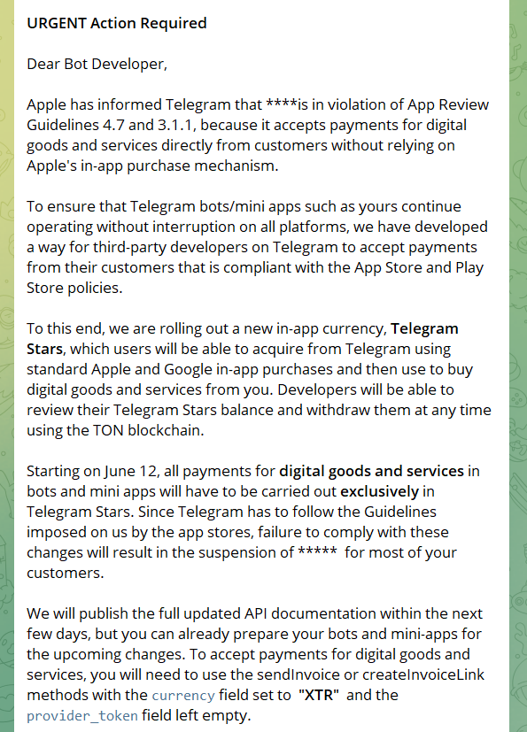 Сообщение разработчикам от Телеграм