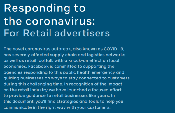 Facebook опубликовал 3 руководства с советами для бизнеса в период COVID-19 Facebook опубликовал три руководства с советами бизнесу, как вести себя в период распространения коронавируса и взаимодействовать с клиентами