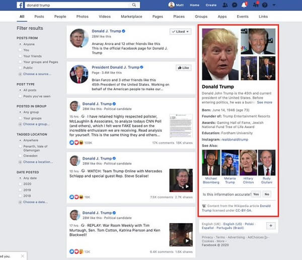 Блок из Википедии в поиске Facebook Facebook тестирует в поиске блок с информацией из Википедии