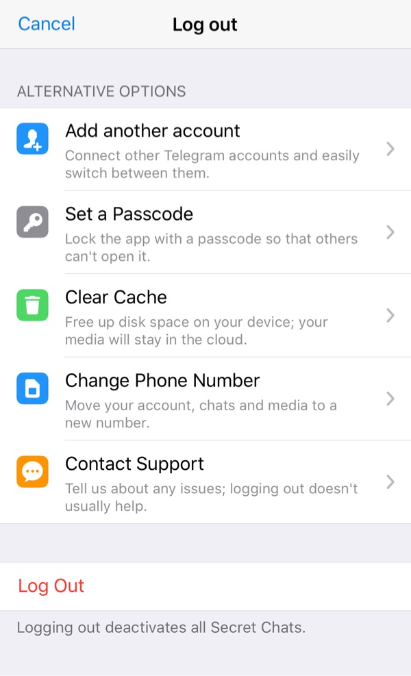 Раздел меню с альтернативой выходу из Telegram