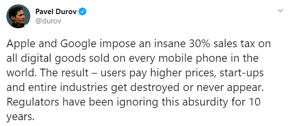 Павел Дуров призвал бороться с монополией Apple и Google Основатель Telegram Павел Дуров раскритиковал Apple и Google за высокие комиссии с продаж цифровых продуктов