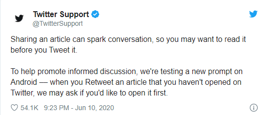 Twitter предложит пользователям прочитать статью перед тем, как ее ретвитнуть Twitter тестирует функцию, которая просит прочитать контент перед тем, как им поделиться