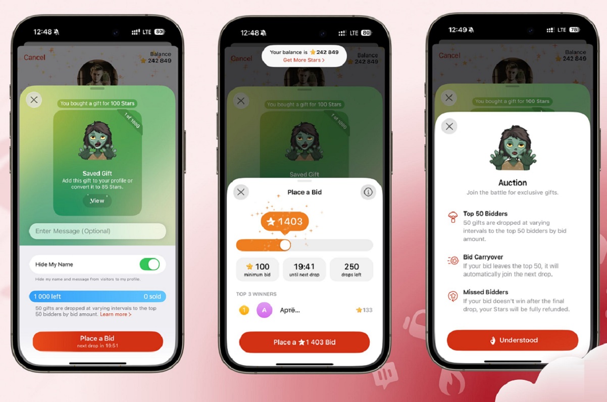В бета-версии Telegram замечен аукцион лимитированных подарков