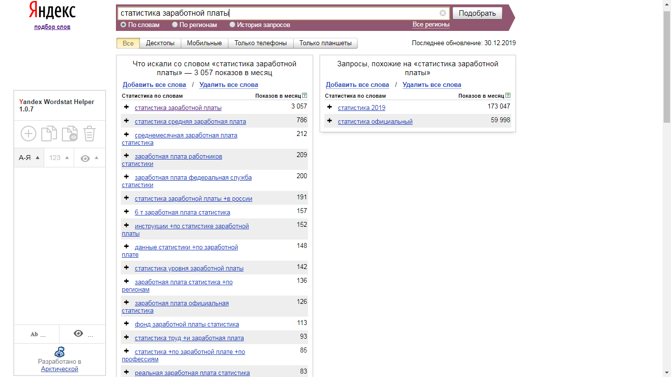 Как выглядит рабочий стол при подборе слов Подбор слов в Яндекс.Wordstat