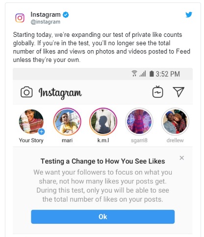 Instagram начал скрывать счетчик лайков по всему миру Instagram расширяет свой эксперимент по скрытию счетчика лайков. Соцсеть начала скрывать количество лайков под постами у отдельных пользователей по всему миру