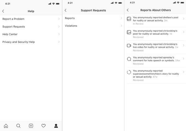 в Instagram появилась функция, которая позволяет просмотреть все отправленные жалобы и отписаться от пользователей, на чей контент вы жаловались