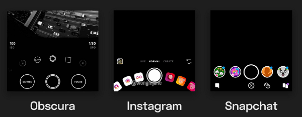 Новый интерфейс Instagram Stories и интерфейс Obscura и SnapChat Истории